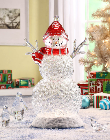 Ice Cube Snowman Lighted Figurine Acrylic Clear Faux Glass Snowman Large  8.5”