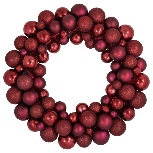 3-Finish Shatterproof Ball Christmas Wreath - 24" - Burgundy Red - Unlit - IMAGE 1