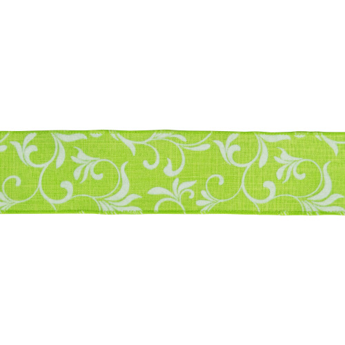 Green with White Floral Design Wired Craft Ribbon 2.5" x 10 Yards - IMAGE 1