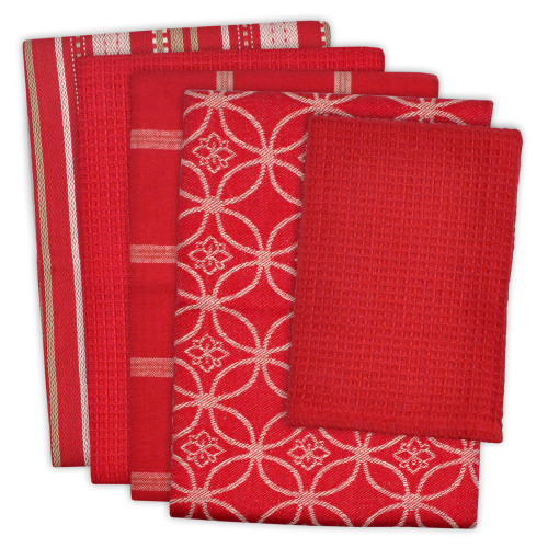 Flower of Life Kitchen Dish Towels and Dish Cloth - 28" - Red and White - Set of 5 - IMAGE 1