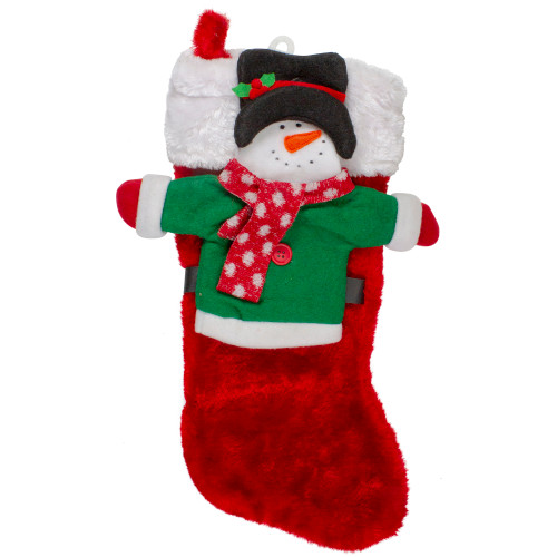 16" Plush Red and White Christmas Stocking With a Snowman Wine Bottle Sleeve - IMAGE 1