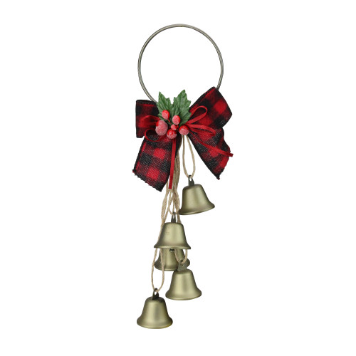 12” Rustic Bow with Golden Jingle Bells Christmas Door Hanger - IMAGE 1