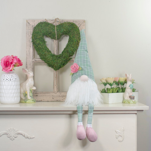 Spring Floral Plaid Gnome Figure with Dangling Legs - 28" - Green and White - IMAGE 1