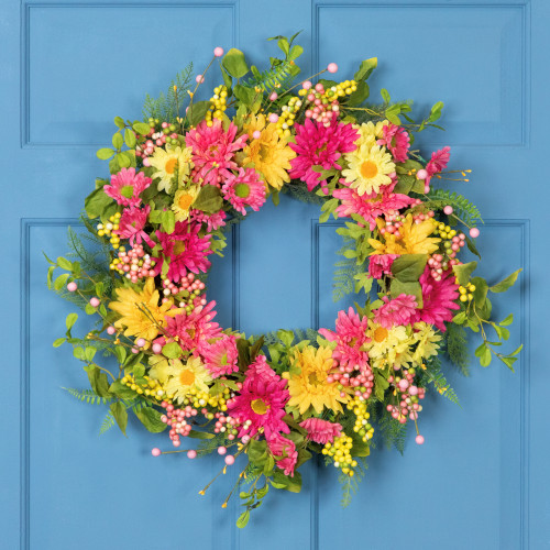 Gerbera Daisy, Berries and Daisy Floral Spring Wreath - 23" - Pink/Yellow - IMAGE 1
