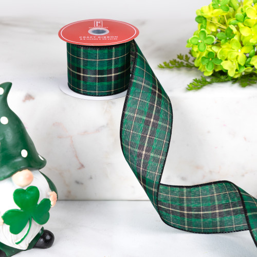 Green and Black Plaid Christmas Wired Craft Ribbon 2.5" x 10 Yards - IMAGE 1