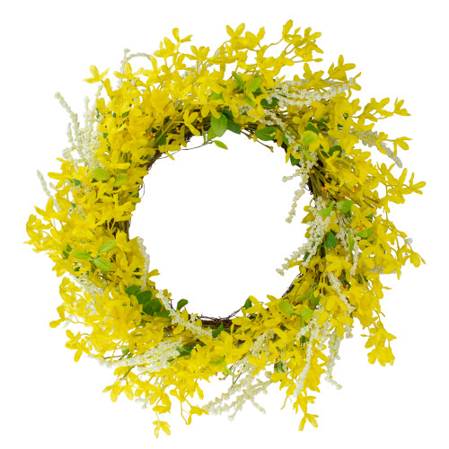 Forsythia and Leaves Artificial Floral Spring Wreath, Yellow - 22-Inch - IMAGE 1