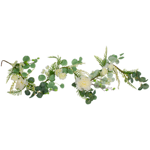5ft White Peony with Spring Foliage Artificial Garland - IMAGE 1