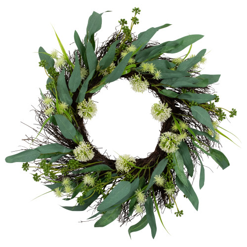 Olive Leaf and Floral Twig Spring Wreath, Green and White 23" - IMAGE 1