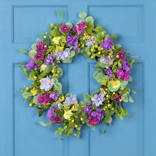 Eucalyptus and Hydrangea Artificial Spring Floral Wreath - 24" - Purple - IMAGE 1