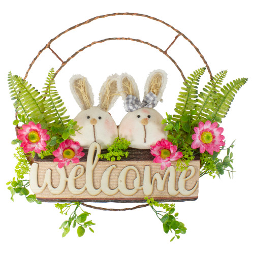 Rabbit Couple "Welcome" Floral Spring Wreath, 16-Inch - IMAGE 1