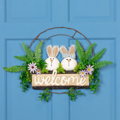 Easter Rabbit Couple Floral "Welcome" Sign - 16-Inch - IMAGE 1