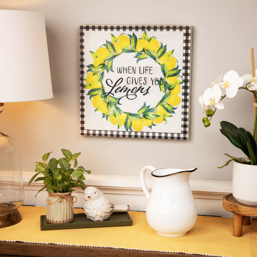 White and Black Gingham "When Life Gives You Lemons" Decorative Wall Art 13.75" - IMAGE 1