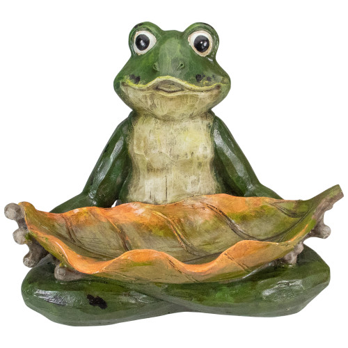 14" Green Frog with Leaf Birdfeeder Outdoor Garden Statue - IMAGE 1