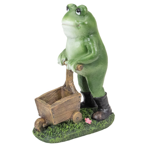 11.5" Green Frog Pushing Wheelbarrow Outdoor Garden Statue - IMAGE 1