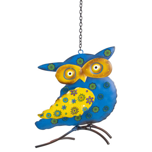 7.75" Blue and Yellow Metal Owl Outdoor Wall Hanging - IMAGE 1