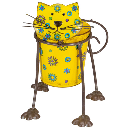 9" Yellow Floral Metal Cat Garden Planter - IMAGE 1