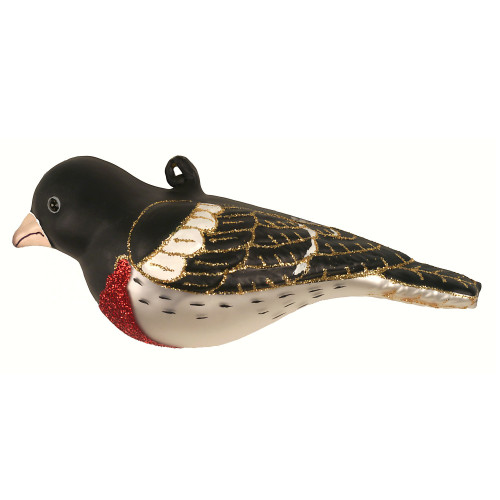 4.5” Black and White Rose Breasted Grosbeak Hand Blown Glass Hanging Figurine Ornament - IMAGE 1