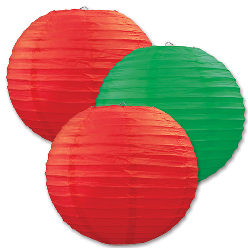 Club Pack of 18 Round Festive Red and Green Hanging Paper Lanterns 9.5" - IMAGE 1