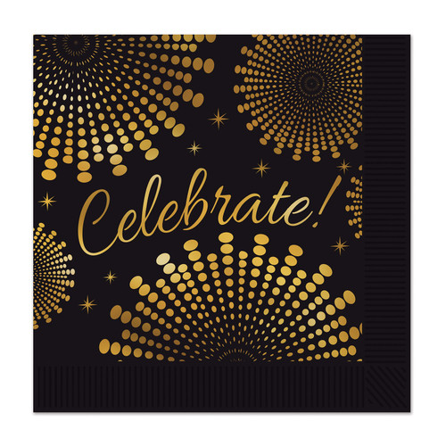 Club Pack of 12 Black and Gold 'Celebrate' Graduation Napkins 5" - IMAGE 1