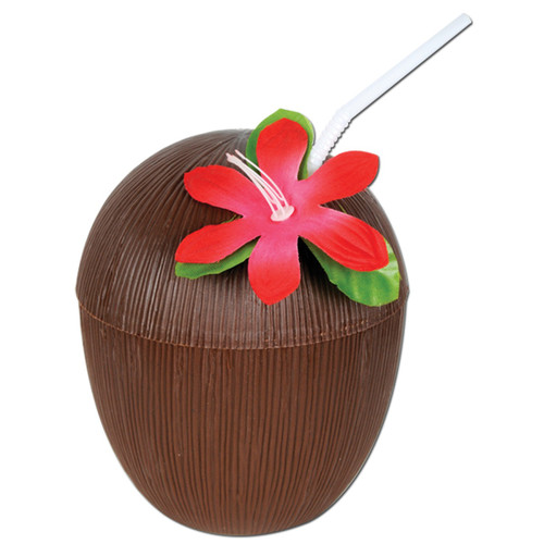 Club Pack of 12 Brown Tropical Island Coconut with Flower Drinking Party Cup 16 oz. - IMAGE 1
