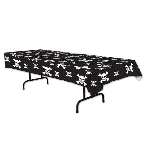 Club Pack of 12 Black and White Jolly Roger Printed Pirate Rectangular Party Table Covers 108" - IMAGE 1