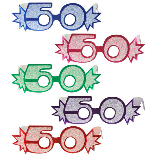 Club Pack of 25 Multi-Colored Glittered Foil "50" Eyeglasses - IMAGE 1