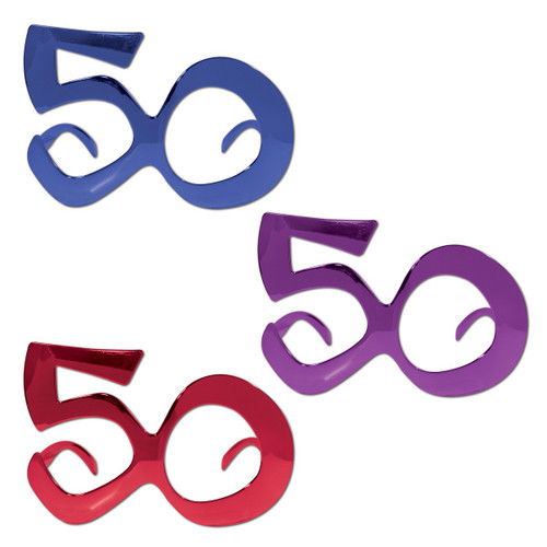 Pack of 6 Blue, Purple and Red ''50'' Birthday Fanci-Frame Eyeglass Party Favor Costume Accessories - IMAGE 1