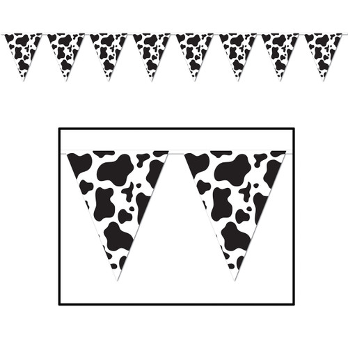 Club Pack of 12 Black and White Cow Printed Pennant Hanging Banner Decors 12' - IMAGE 1