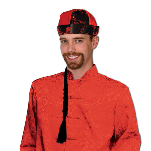Pack of 12 Red and Black Men Adult Mandarin Novelty Hat with Braid - One Size - IMAGE 1