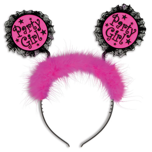 Club Pack of 12 Fuzzy Pink and Black Party Girl Bopper Headband Party Favors - IMAGE 1