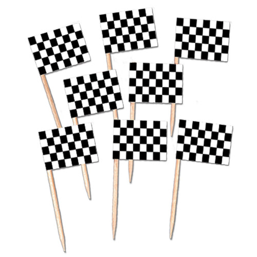 Club Pack of 12 Black and White Checkered Racing Flag Food or Drink Decoration Party Picks 2.5" - IMAGE 1