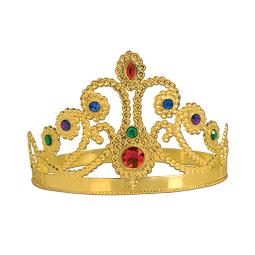 Club Pack of 12 Plastic Jeweled Gold Queen's Tiara Adjustable Party Hat - IMAGE 1