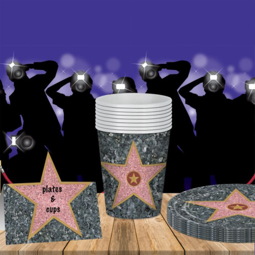 Club Pack of 96 Gray and Pink Disposable Hollywood Star Paper Party Banquet Dessert Plates 7" - IMAGE 1