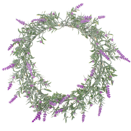 Pre-Lit Battery Operated Pink Lavender Spring Wreath- 16" - White LED Lights - IMAGE 1