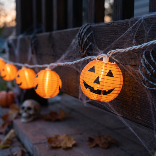 Jack-O-Lantern Paper Lantern Indoor Outdoor Halloween Light Set - 9' White Wire - 10ct - IMAGE 1