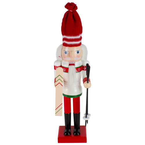 14" Red and White Wooden Skiing Christmas Nutcracker - IMAGE 1