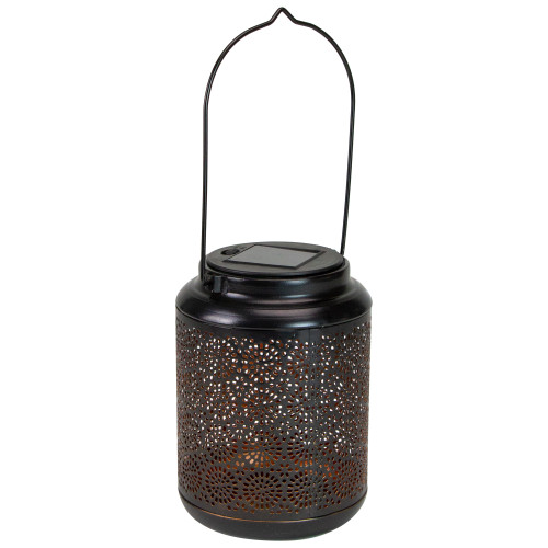 7" Black Outdoor Integrated Floral LED Solar Lantern with Handle - IMAGE 1