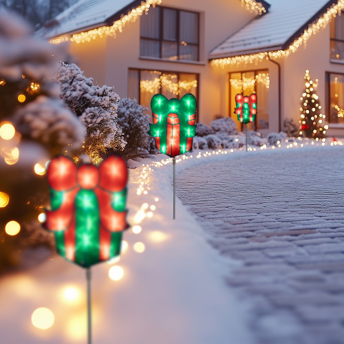 Lighted Holographic Gift Box Outdoor Christmas Pathway Markers - 24.5" - Set of 3 - IMAGE 1
