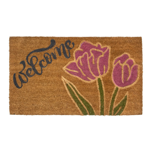 Natural Coir Floral Rectangular "Welcome" Doormat 18" x 30" - IMAGE 1