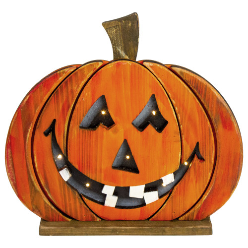 13" LED Lighted Jack-O-Lantern Wooden Halloween Decoration - IMAGE 1