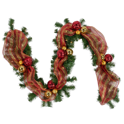 6ft Pre-Lit Decorated Red and Gold Artificial Christmas Garland, Clear Lights - IMAGE 1