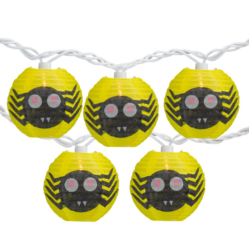 10-Count Yellow and Black Spider Paper Lantern Halloween Lights, 8.5ft White Wire - IMAGE 1