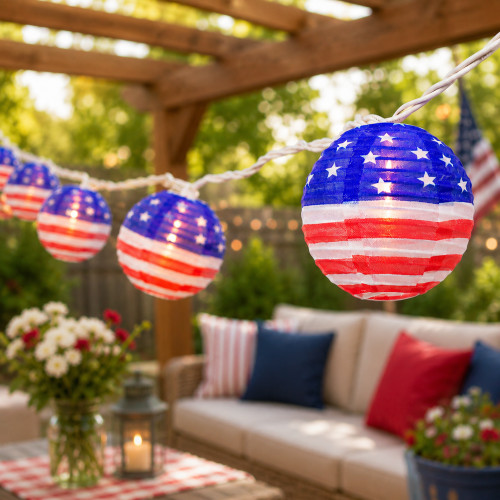 American Flag Paper Lantern Indoor Outdoor Light Set - 8.75' White Wire - 10ct - IMAGE 1