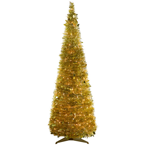 6' Pre-Lit Gold Tinsel Pop-Up Artificial Christmas Tree, Clear Lights - IMAGE 1
