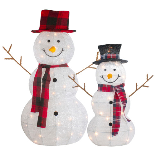 Lighted Tinsel Snowmen Family Christmas Yard Decorations - Clear Lights - Set of 2 - IMAGE 1