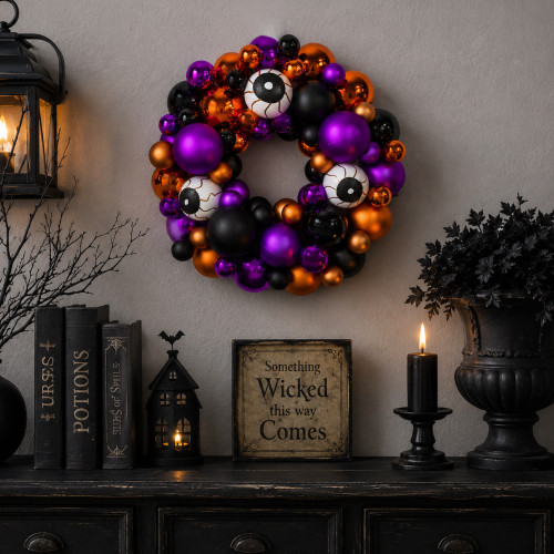 Eyeballs and Shatterproof Ornaments Small Halloween Wreath - 13" - Purple and Black - Unlit - IMAGE 1