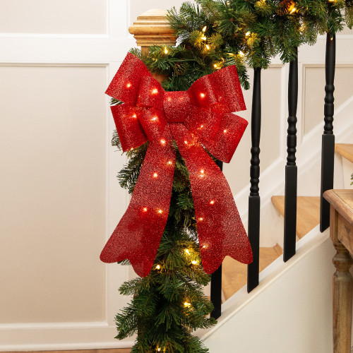 LED Lighted Tinsel Bow Christmas Decoration - 24" - Red - IMAGE 1