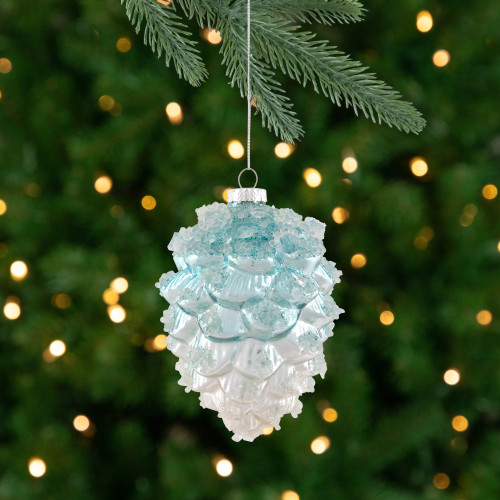 Icy Pine Cone Glass Christmas Ornament - 4.75" - Blue and White - IMAGE 1