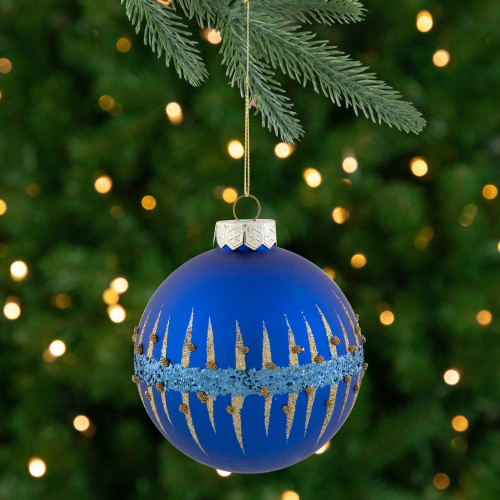 4" Blue and Gold Glitter Glass Ball Christmas Ornament - IMAGE 1