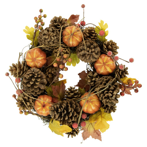 Pinecones, Pumpkins and Frosted Berries Artificial Fall Harvest Wreath - 14" - IMAGE 1